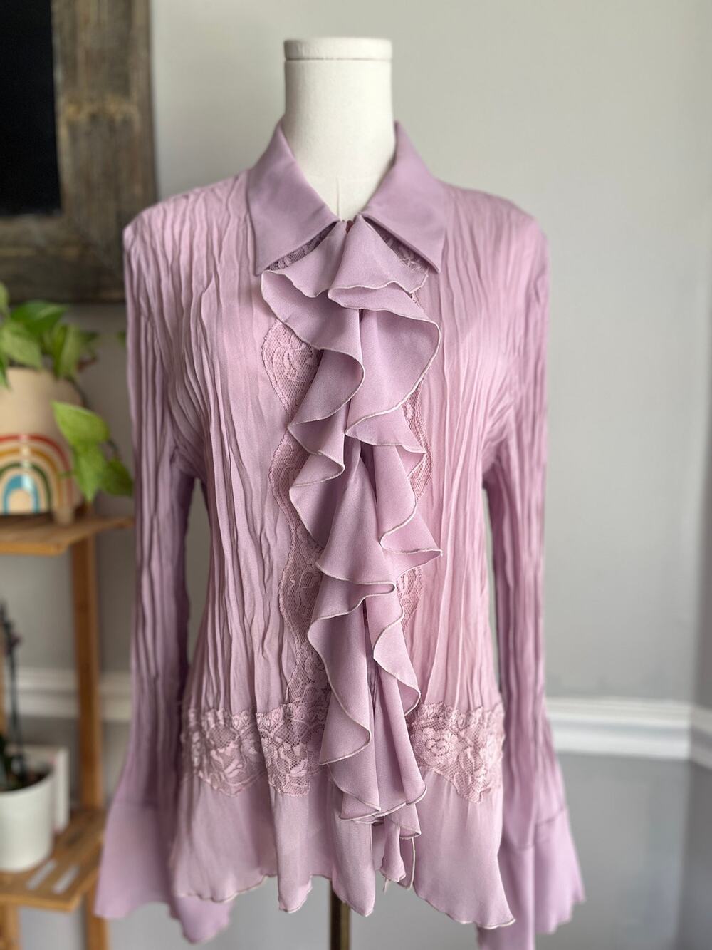 Vintage Y2K Ruffle Pleated Blouse Lavender Purple Lace Size XL